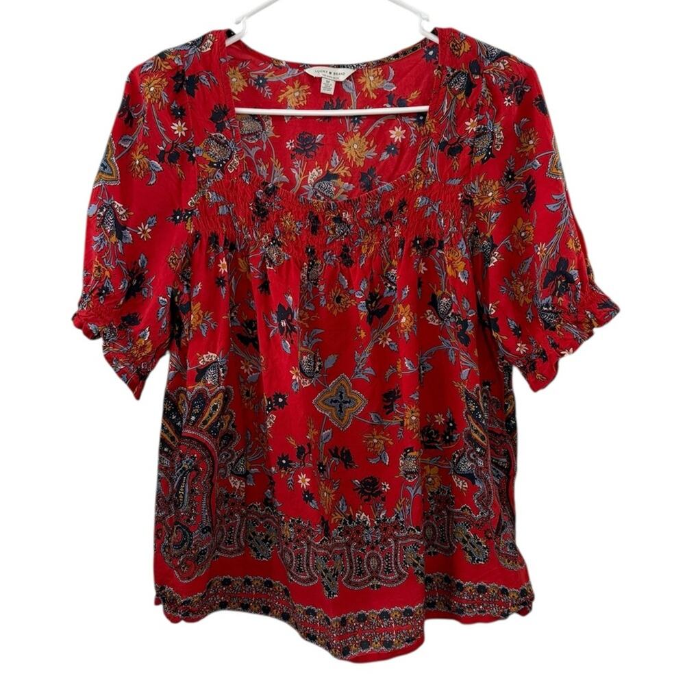 Lucky Brand Medium Red Floral Boho Peasant Babydoll Blouse Square Neck Top